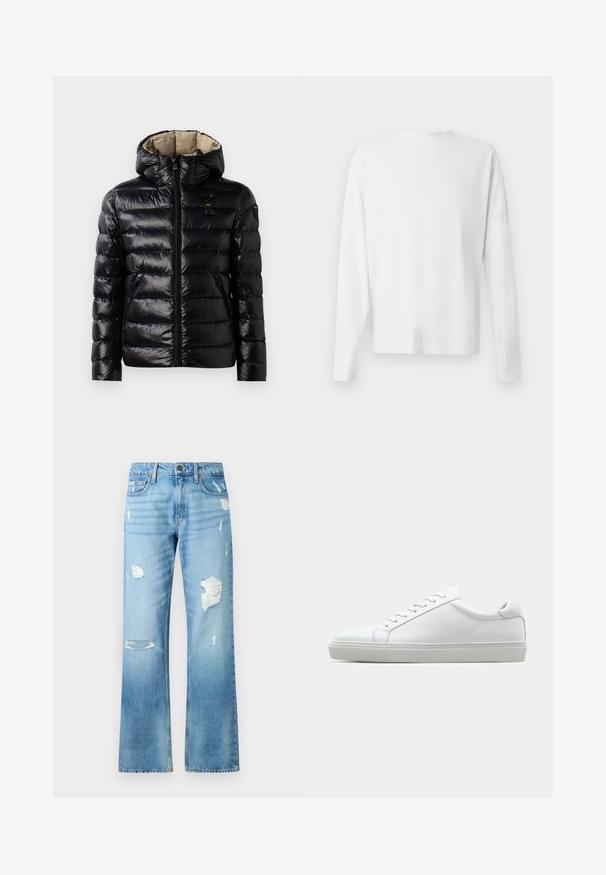Casaco puffer preto com acabamento brilhante, design matelassé, capuz, fecho de correr e dois bolsos laterais. O interior é bege.; Camisa de algodão branca de mangas longas com decote redondo, fendas laterais na parte inferior e uma textura suave, mostrada de trás.; Jeans de denim azul claro com um design de perna reta, apresentando detalhes rasgados e um acabamento desbotado. Inclui um botão de metal e cinco bolsos.; Sapatilha branca com um cabedal em couro liso e de perfil baixo. Apresenta um bico redondo, seis ilhoses e uma sola de borracha texturizada.