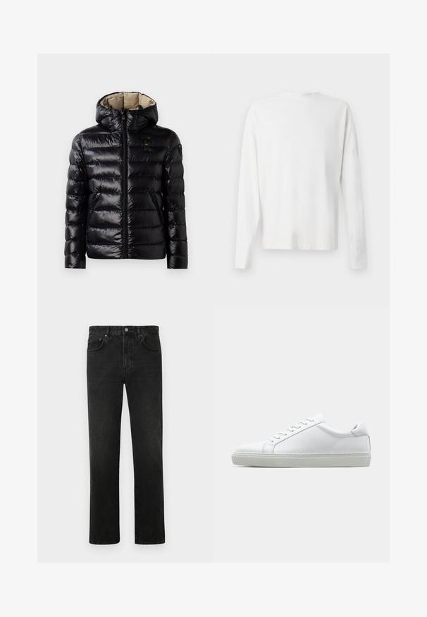 Casaco puffer preto com acabamento brilhante, design matelassé, capuz, fecho de correr e dois bolsos laterais. O interior é bege.; Camisa de algodão branca de mangas longas com decote redondo, fendas laterais na parte inferior e uma textura suave, mostrada de trás.; Calças de ganga pretas com corte reto, design de cinco bolsos e um único fecho de botão metálico na cintura. Textura suave, desbotamento mínimo.; Sapatilha branca com um cabedal em couro liso e de perfil baixo. Apresenta um bico redondo, seis ilhoses e uma sola de borracha texturizada.