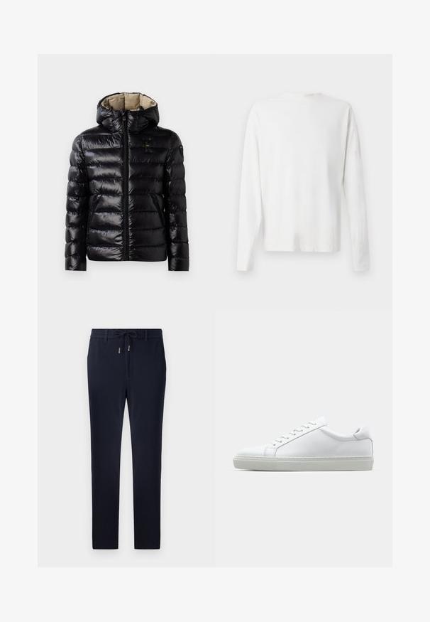 Casaco puffer preto com acabamento brilhante, design matelassé, capuz, fecho de correr e dois bolsos laterais. O interior é bege.; Camisa de algodão branca de mangas longas com decote redondo, fendas laterais na parte inferior e uma textura suave, mostrada de trás.; Calças azul-marinho com um cós elástico, design ajustado e tecido de textura suave. Sem padrões ou detalhes visíveis.; Sapatilha branca com um cabedal em couro liso e de perfil baixo. Apresenta um bico redondo, seis ilhoses e uma sola de borracha texturizada.