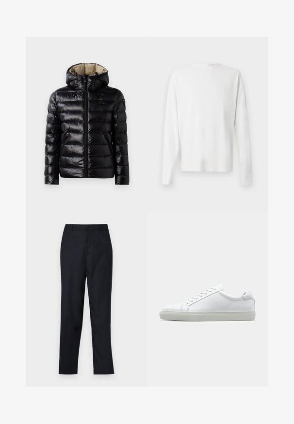 Sort puffer-jakke med en blank overflade, quiltet design, hætte, lynlås lukning og to sidelommer. Inderforet er beige.; Langærmet hvid bomulds skjorte med rund halsudskæring, sideslids i bunden og en glat overflade, vist bagfra.; Marineblå bukser lavet af glat stof, med lige ben design, en enkelt knaplukning og subtile forfald i fronten.; Hvide sneakers med en glat læderoverdel og lav profil. Har en rund tå, seks snørehuller og en tekstureret gummisål.