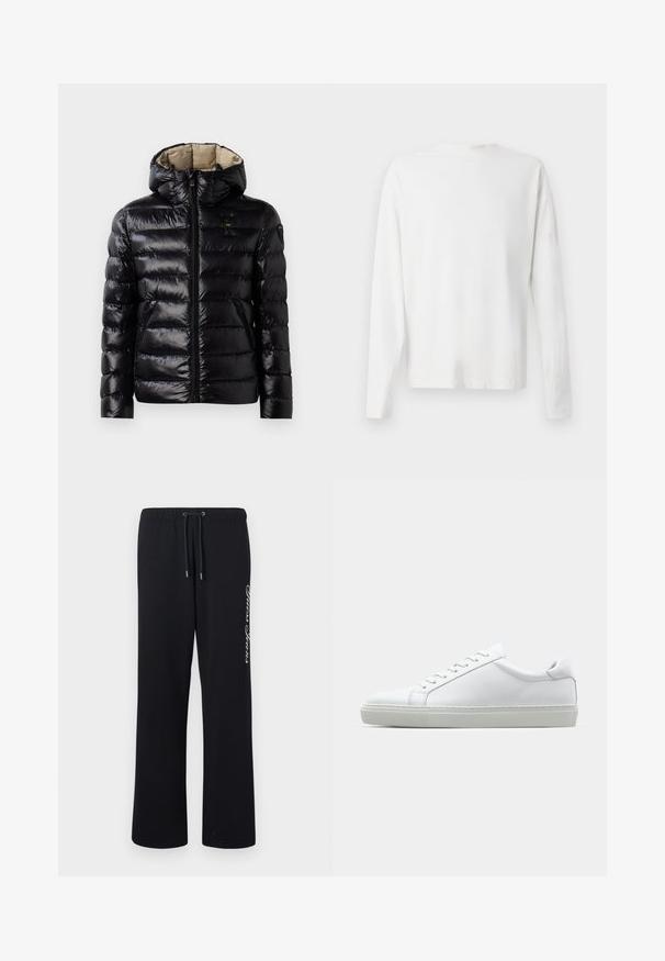 Juodas pūkinis švarkas su blizgiu paviršiumi, siuvinėjimo dizainu, su gobtuvu, užtrauktuko uždarymu ir dviem šoninėmis kišenėmis. Vidus yra smėlio spalvos.; Ilgų rankovių baltas medvilninis marškinis su apvalia iškirpte, šonuose su plyšiais apačioje ir lygia tekstūra, rodomas iš nugaros.; Juodi sportiniai keliai, pagaminti iš minkštos medžiagos, su elastinga juosmens juosta ir šnaru. Vienoje pusėje užrašas spausdintas balta spalva.; Baltas sportinis batelis su lygiu odiniu paviršiumi ir žemu profiliu. Turi suapvalintą pirštą, šešis akių skyrius ir tekstūruotą gumos padą.