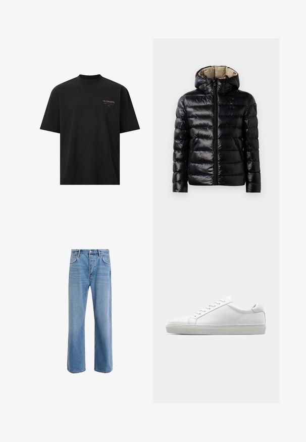 Sort puffer-jakke med en blank overflade, quiltet design, hætte, lynlås lukning og to sidelommer. Inderforet er beige.; Sort bomulds t-shirt med rund hals, korte ærmer og et lille guld "ALLSAINTS" logo på venstre bryst. Flad tekstur, afslappet design.; Lyseblå denim jeans med lige ben-design, fem lommer, knaplukning, minimal falming og kontraststingdetaljer.; Hvide sneakers med en glat læderoverdel og lav profil. Har en rund tå, seks snørehuller og en tekstureret gummisål.