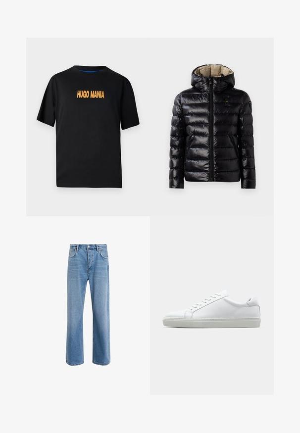 Černá prošívaná bunda s lesklým povrchem, prošívaným designem, kapucí, zipovým zapínáním a dvěma bočními kapsami. Vnitřek je béžový.; Černé bavlněné tričko s krátkým rukávem, na přední straně s potiskem "HUGO MANIA" v oranžové barvě. Kulatý výstřih, volný střih.; Světle modré džínové kalhoty s rovnými nohavicemi, pěti kapsami, zapínáním na knoflík, minimálním vyblednutím a kontrastním prošitím.; Bílé tenisky s hladkým koženým svrškem a nízkým profilem. Mají zaoblenou špičku, šest nýtů a texturovanou gumovou podrážku.