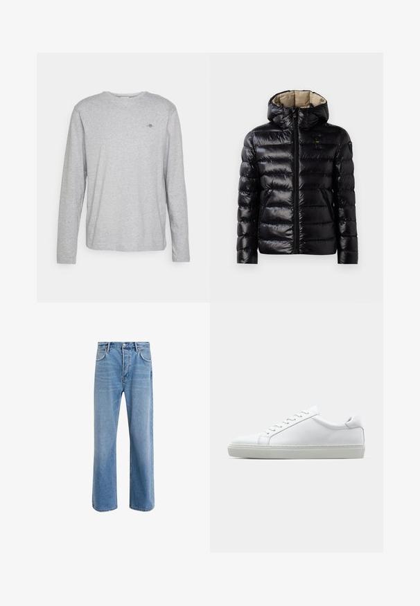Chaqueta acolchada negra con un acabado brillante, diseño acolchado, capucha, cierre de cremallera y dos bolsillos laterales. El interior es de color beige.; Camiseta de algodón gris de manga larga con cuello redondo y un pequeño logo bordado en el pecho. Textura suave y ajuste relajado.; Jeans de mezclilla azul claro con un diseño de pierna recta, cinco bolsillos, cierre de botón, ligeramente desgastados y detalles de costura en contraste.; Zapatilla blanca con parte superior de cuero liso y perfil bajo. Presenta una puntera redondeada, seis ojales y una suela de goma texturizada.