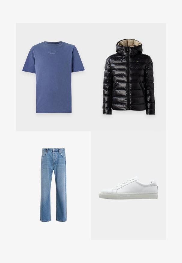 Schwarze Pufferjacke mit glänzender Oberfläche, gestepptem Design, Kapuze, Reißverschluss und zwei seitlichen Taschen. Innenfutter ist beige.; Marineblaues T-Shirt mit kurzen Ärmeln aus Baumwolle. Verfügt über einen runden Halsausschnitt und kleinen weißen Text auf der Brust: "SAMSØE SAMSØE KOPENHAGEN."; Helle blaue Jeans im Geradeschnitt-Design, mit fünf Taschen, Knopfverschluss, minimaler Ausbleichung und kontrastierenden Nähdetails.; Weißer Sneaker mit glattem Lederobermaterial und niedrigem Profil. Verfügt über eine runde Zehenpartie, sechs Ösen und eine strukturierte Gummisohle.