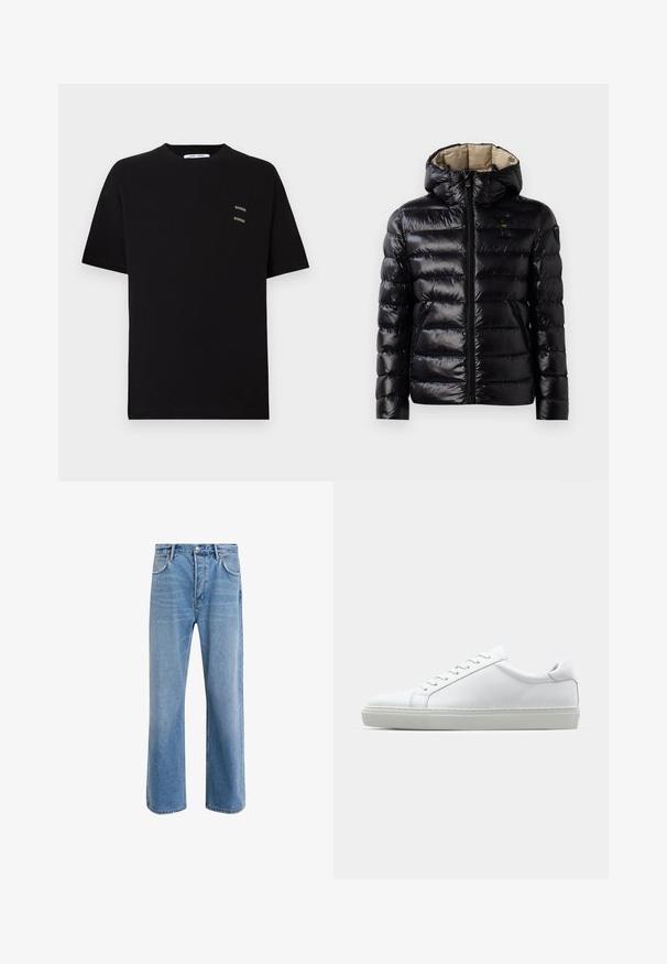Jachetă puf din material negru, cu finisaj lucios, design cu matlasare, glugă, închidere cu fermoar și două buzunare laterale. Interiorul este bej.; Tricou negru din bumbac cu mâneci scurte, guler rotund, având două mici logo-uri brodate "Samsøe" în zona stângă a pieptului.; Jeans din denim bleu deschis cu un design drept, cinci buzunare, închidere cu buton, decolorare minimă și detalii de cusătură în contrast.; Adidași albi cu o suprafață din piele netedă și un profil jos. Au un vârf rotunjit, șase orificii pentru șireturi și o talpă din cauciuc texturată.