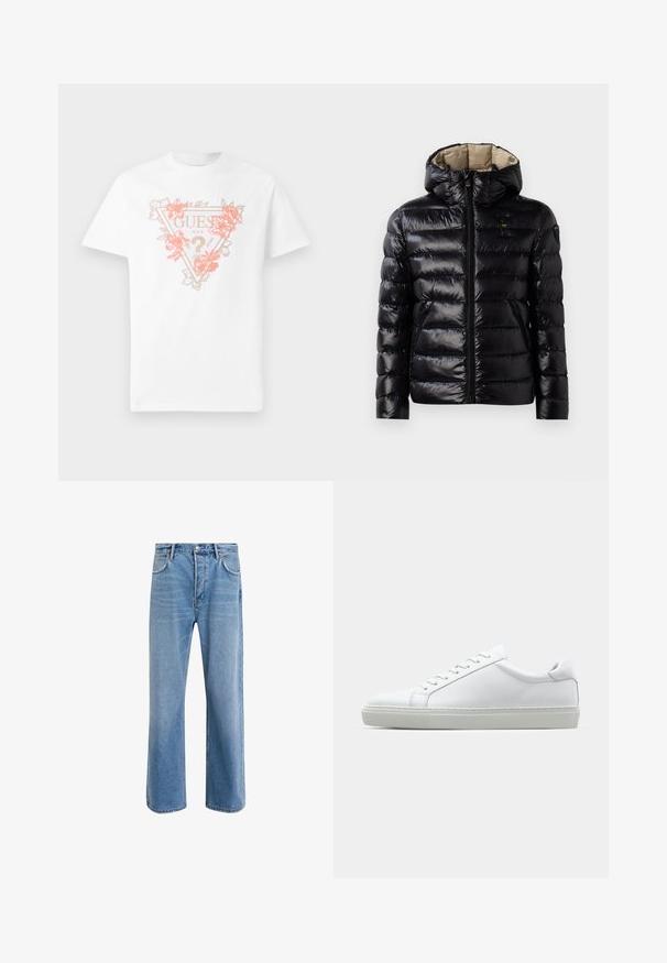 Svart boblejakke med skinnende overflate, quiltet design, hette, glidelås og to sidelommer. Innvendig er den beige.; Hvit bomull t-skjorte med et trekantslogo med blomsterdetaljer i korall og gull. Korte ermer og rund hals.; Lys blå denimjeans med rett ben-design, fem lommer, knappeåpning, minimal falming og kontrasterende sømdetaljer.; Hvit sneakers med en glatt skinnoverdel og lav profil. Har en rund tå, seks snøring hull, og en teksturert gummisåle.