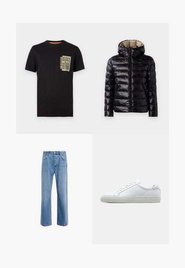 Chaqueta acolchada negra con un acabado brillante, diseño acolchado, capucha, cierre de cremallera y dos bolsillos laterales. El interior es de color beige.; Camiseta de algodón negra con cuello redondo y mangas cortas. Presenta un diseño de bolsillo verde con texto impreso y patrones.; Jeans de mezclilla azul claro con un diseño de pierna recta, cinco bolsillos, cierre de botón, ligeramente desgastados y detalles de costura en contraste.; Zapatilla blanca con parte superior de cuero liso y perfil bajo. Presenta una puntera redondeada, seis ojales y una suela de goma texturizada.