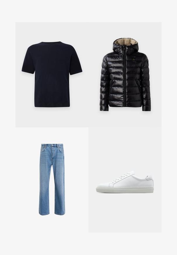 Černá prošívaná bunda s lesklým povrchem, prošívaným designem, kapucí, zipovým zapínáním a dvěma bočními kapsami. Vnitřek je béžový.; Námořnická modrá bavlněná tričko s kulatým výstřihem, krátkým rukávem a rovný střih. Hladká textura, žádné viditelné vzory nebo akcenty.; Světle modré džínové kalhoty s rovnými nohavicemi, pěti kapsami, zapínáním na knoflík, minimálním vyblednutím a kontrastním prošitím.; Bílé tenisky s hladkým koženým svrškem a nízkým profilem. Mají zaoblenou špičku, šest nýtů a texturovanou gumovou podrážku.