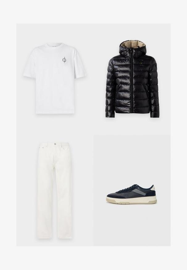 Black puffer jacket with a shiny finish, quilted design, hood, zip closure, and two side pockets. Interior is beige.; White cotton t-shirt with a relaxed fit, featuring a small black graphic logo on the left chest area. Short sleeves, crew neck style.; White denim jeans with a straight leg, button and zipper closure, five-pocket design, and no visible patterns or accents.; BOSS BALTIMORE - Trainers - open blue
