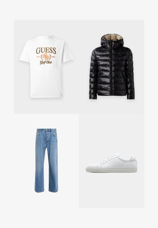 Sort puffer-jakke med en blank overflade, quiltet design, hætte, lynlås lukning og to sidelommer. Inderforet er beige.; Hvid bomulds t-shirt med orange "GUESS Golf Club" grafik, dekoreret med laurbær og etableringsåret 1981. Standard crew neck design.; Lyseblå denim jeans med lige ben-design, fem lommer, knaplukning, minimal falming og kontraststingdetaljer.; Hvide sneakers med en glat læderoverdel og lav profil. Har en rund tå, seks snørehuller og en tekstureret gummisål.