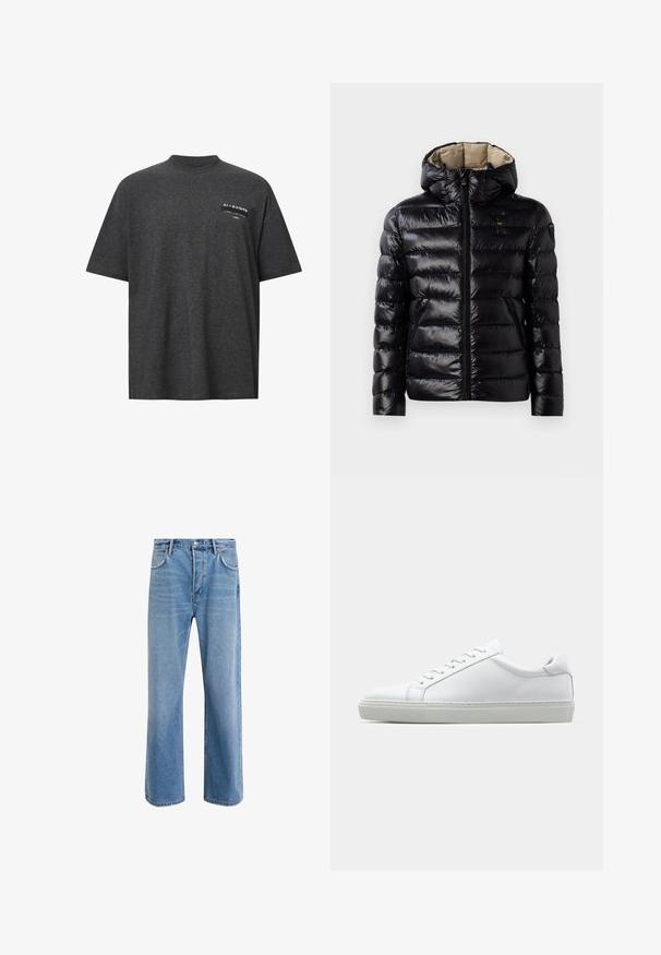 Chaqueta acolchada negra con un acabado brillante, diseño acolchado, capucha, cierre de cremallera y dos bolsillos laterales. El interior es de color beige.; Camiseta de gran tamaño de color gris oscuro, hecha de una tela suave, con un cuello redondo y un estampado en el pecho con texto y logo en blanco.; Jeans de mezclilla azul claro con un diseño de pierna recta, cinco bolsillos, cierre de botón, ligeramente desgastados y detalles de costura en contraste.; Zapatilla blanca con parte superior de cuero liso y perfil bajo. Presenta una puntera redondeada, seis ojales y una suela de goma texturizada.