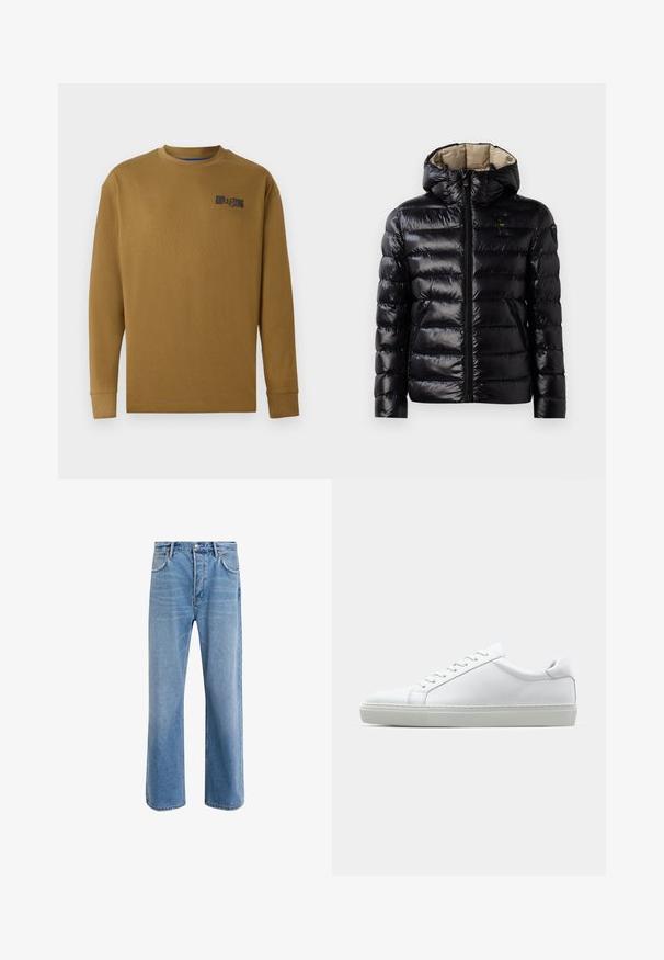 Svart boblejakke med skinnende overflate, quiltet design, hette, glidelås og to sidelommer. Innvendig er den beige.; Langermet, crewneck t-skjorte i brun bomull. Har en svart logo på venstre bryst og ribbestrikkede mansjetter. Glatt tekstur, normal passform.; Lys blå denimjeans med rett ben-design, fem lommer, knappeåpning, minimal falming og kontrasterende sømdetaljer.; Hvit sneakers med en glatt skinnoverdel og lav profil. Har en rund tå, seks snøring hull, og en teksturert gummisåle.