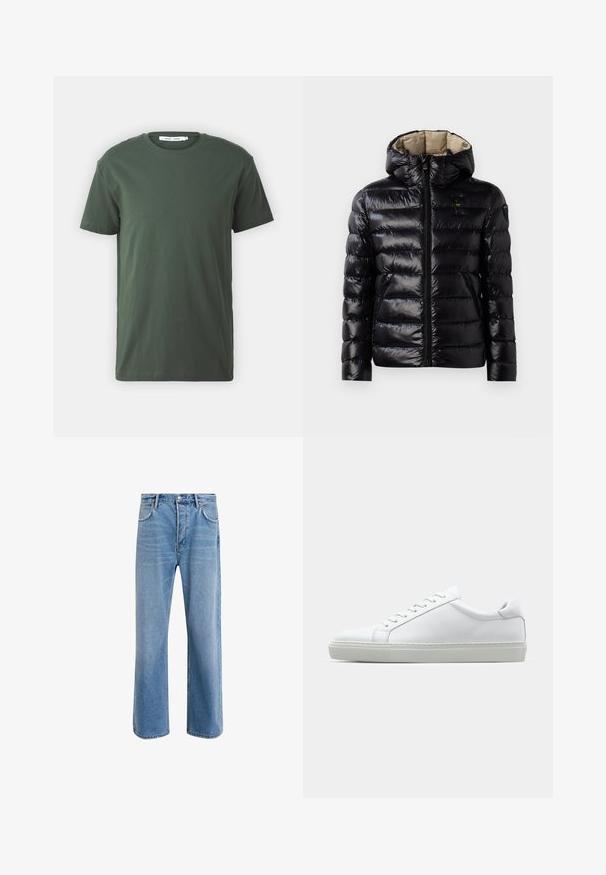 Svart boblejakke med skinnende overflate, quiltet design, hette, glidelås og to sidelommer. Innvendig er den beige.; Mørkegrønn bomull T-skjorte, korte ermer, rund hals, avslappet passform, ensfarget design og glatt tekstur uten synlige mønstre eller detaljer.; Lys blå denimjeans med rett ben-design, fem lommer, knappeåpning, minimal falming og kontrasterende sømdetaljer.; Hvit sneakers med en glatt skinnoverdel og lav profil. Har en rund tå, seks snøring hull, og en teksturert gummisåle.
