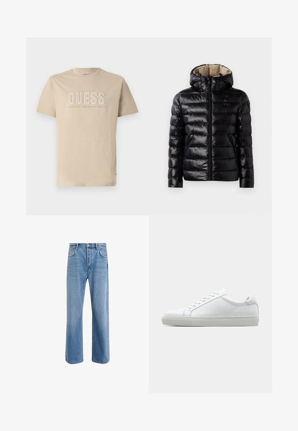 Sort puffer-jakke med en blank overflade, quiltet design, hætte, lynlås lukning og to sidelommer. Inderforet er beige.; Beige bomulds t-shirt med rund hals, med præget "GUESS" logo og teksten "CLASSIC AMERICAN STYLE" i lysere farve. Korte ærmer.; Lyseblå denim jeans med lige ben-design, fem lommer, knaplukning, minimal falming og kontraststingdetaljer.; Hvide sneakers med en glat læderoverdel og lav profil. Har en rund tå, seks snørehuller og en tekstureret gummisål.