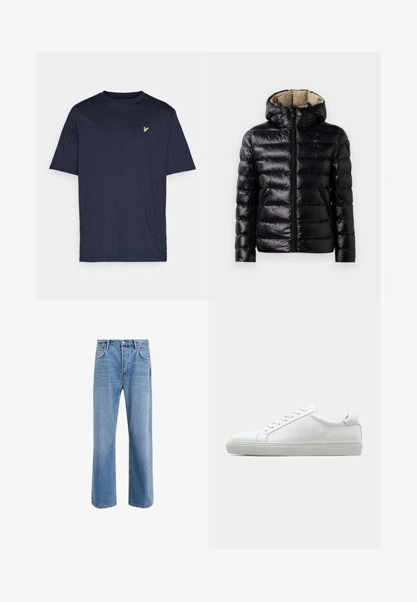 Černá prošívaná bunda s lesklým povrchem, prošívaným designem, kapucí, zipovým zapínáním a dvěma bočními kapsami. Vnitřek je béžový.; Námořnická modrá bavlněná tričko s klasickým kulatým výstřihem a krátkými rukávy. Na hrudi je malá žlutá nášivka. Jednoduchý, nezdobený design.; Světle modré džínové kalhoty s rovnými nohavicemi, pěti kapsami, zapínáním na knoflík, minimálním vyblednutím a kontrastním prošitím.; Bílé tenisky s hladkým koženým svrškem a nízkým profilem. Mají zaoblenou špičku, šest nýtů a texturovanou gumovou podrážku.