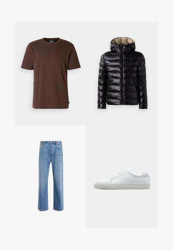 Zwarte pufferjack met een glanzende afwerking, geborduurde design, capuchon, ritsluiting en twee zijzakken. Binnenkant is beige.; Bruine korte mouwen T-shirt van katoen, met een ruitpatroon in een donkere tint. Ronde hals met een rechte zoom en een label aan de zijkant.; Lichtblauwe denim jeans met een straight-leg ontwerp, vijf zakken, knoopsluiting, minimale vervaging en contrasterende stikseldetails.; Witte sneaker met een gladlederen bovenwerk en een laag profiel. Voorzien van een ronde neus, zes vetergaatjes en een gestructureerde rubberen zool.