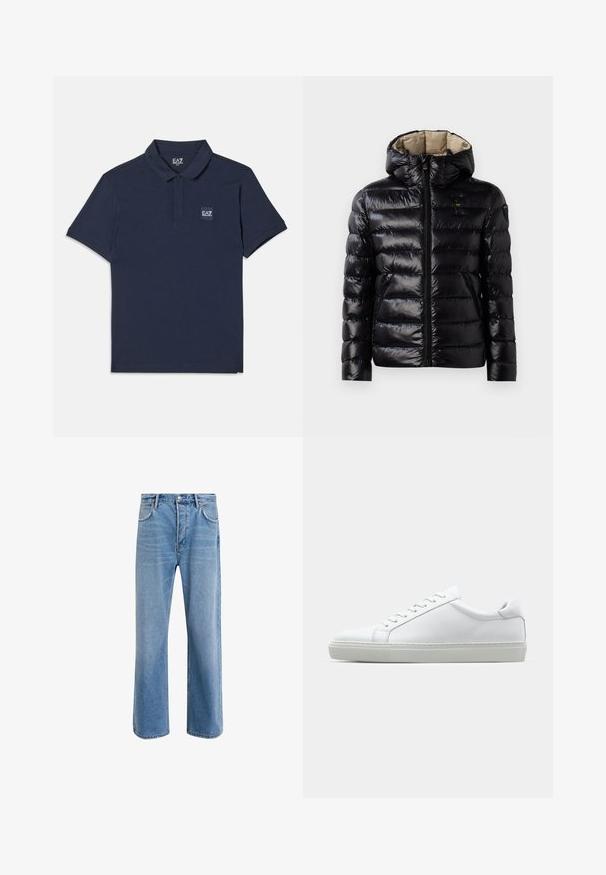 Casaco puffer preto com acabamento brilhante, design matelassé, capuz, fecho de correr e dois bolsos laterais. O interior é bege.; Polo azul-marinho feito de algodão, com colarinho clássico, mangas curtas e um pequeno logotipo EA7 bordado no lado esquerdo do peito.; Calças de ganga azul claro com um design de perna reta, cinco bolsos, fecho de botão, desgaste mínimo e detalhes de costura em contraste.; Sapatilha branca com um cabedal em couro liso e de perfil baixo. Apresenta um bico redondo, seis ilhoses e uma sola de borracha texturizada.
