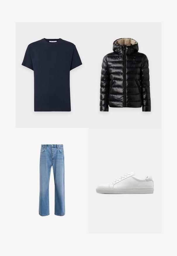 Jachetă puf din material negru, cu finisaj lucios, design cu matlasare, glugă, închidere cu fermoar și două buzunare laterale. Interiorul este bej.; Tricou scurt cu mâneci scurte, de culoare albastru închis, confecționat din bumbac, având un guler rotund și o croială lejeră. Simplu, de culoare unită, fără motive sau imprimeuri.; Jeans din denim bleu deschis cu un design drept, cinci buzunare, închidere cu buton, decolorare minimă și detalii de cusătură în contrast.; Adidași albi cu o suprafață din piele netedă și un profil jos. Au un vârf rotunjit, șase orificii pentru șireturi și o talpă din cauciuc texturată.