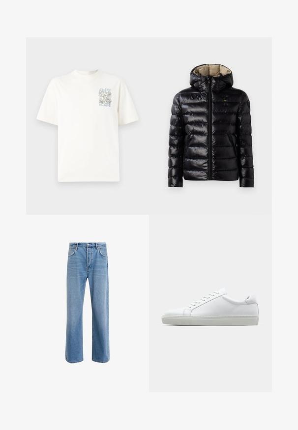 Czarna kurtka puchowa o błyszczącej powierzchni, pikowany design, z kapturem, zamek błyskawiczny i dwie boczne kieszenie. Wnętrze jest beżowe.; Biała bawełniana koszulka z krótkim rękawem, zdobiona niebiesko-szaro kwiatowym wzorem oraz napisem "GUESS DESIGN" w stylu ilustracyjnym.; Jasnoniebieskie dżinsy o prostym kroju, pięć kieszeni, zapięcie na guzik, minimalne blaknięcia i kontrastowe wykończenia szwów.; Białe sneakersy z gładką skórzaną cholewką i niskim profilem. Posiadają okrągły nos, sześć dziurek na sznurówki oraz teksturowaną gumową podeszwę.