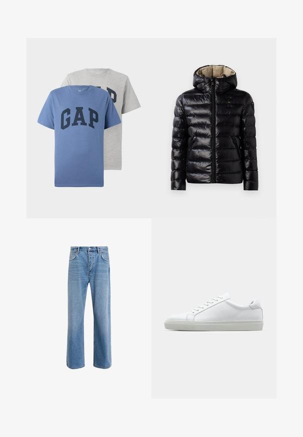 Črna zimska jakna z bleščečo površino, prešito zasnovo, kapuco, zadrgo in dvema stranskima žepoma. Notranjost je bež.; Dve kratke majice s kratkimi rokavi, ena modra in ena siva, obe z velikim mornarsko modrim napisom "GAP" čez prsi.; Svetlo modre denim kavbojke s ravno nogavico, petimi žepi, z gumbom za zapiranje, minimalnim zbledelostjo in kontrastnimi šivi.; Bela športna obutev z gladkim usnjenim zgornjim delom in nizkim profilom. Ima zaokrožen nos, šest lukenj za vezalke in teksturiran gumijast podplat.