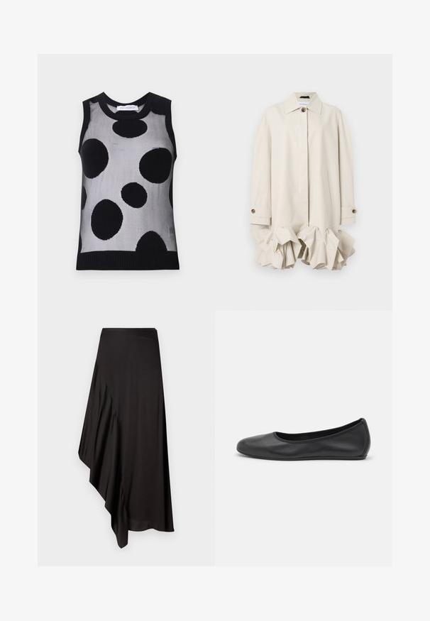 Beige trenchcoat met een gestructureerd ontwerp, voorzien van een gerimpelde zoom, grote kraag, knoopsluiting en zijzak.; Zwart en grijs mouwloos gebreid shirt met grote zwarte stippen op een lichtgrijze achtergrond. Ribgebreide halslijn en zoom.; AERON ASTER SKIRT - Kokerrok - black; Zwarte leren ballerina met een ronde neus, gladde textuur, minimale stikdetails en een flexibele zoolontwerp.