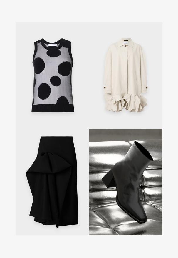 Bēšas krāsas tranšejas mētelis ar strukturētu dizainu, ar viļņotu apakšmalu, lielu apkakli, pogu aizdari un sānu kabatu.; Melnā un pelēkā bezpiedurkņu adītā topa ar lieliem melniem punktiņiem uz gaiši pelēka fona. Ribota kakla un apakšmala.; Melnā svārku dizains, kas izgatavots no gludas auduma un vienā pusē ir ar pārklātu pārklājošo dizainu, veidojot augstu-zemu apakšmalu.; Melnas potītes kurpes, izgatavotas no spīdīga materiāla, ar kvadrātveida purngalu un konusveida papēdi, novietotas uz spīdīga sudraba izšūta fona.