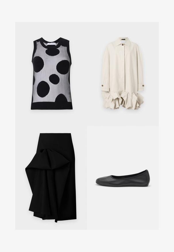 Trench coat beige con un design strutturato, caratterizzato da un orlo arricciato, ampio colletto, chiusura a bottoni e tasca laterale.; Top senza maniche a maglia nero e grigio con grandi pois neri su uno sfondo grigio chiaro. Collo e orlo a costine.; Gonna nera realizzata in tessuto liscio, caratterizzata da un design drappeggiato oversize su un lato, che crea un orlo asimmetrico.; Pantofole da balletto nere in pelle con punta arrotondata, texture liscia, dettagli di cucitura minimi e design con suola flessibile.