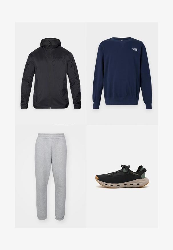 Czarna lekka kurtka z zamkiem z przodu, kapturem i gładką teksturą; charakteryzuje się minimalnym logo na klatce piersiowej i elastycznymi mankietami.; Granatowy sweter z miękkiego materiału, z okrągłym dekoltem, długimi rękawami i białym logo na piersi. Gładka faktura i prosty design.; Szare dresy wykonane z miękkiego materiału, z elastycznym pasem i dopasowanymi ściągaczami dla smukłego kształtu. Brak widocznych kieszeni.; Czarne buty sportowe Columbia z przewiewną cholewką, miękką szaro-skalną podeszwą i wytrzymałą beżową podeszwą zewnętrzną. Cechują się minimalistycznym designem i regulowanymi sznurówkami.