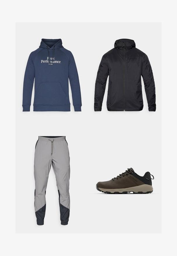 Veste légère noire avec fermeture éclair devant, capuche et texture lisse ; présente un branding minimaliste sur la poitrine et des manches élastiques.; Hoodie bleu marine avec une poche kangourou à l'avant, un capuchon avec cordon de serrage, et le texte blanc "Peak Performance". Fabriqué en tissu doux avec des poignets côtelés.; Pantalons de sport légers, gris, avec des accents noirs. Ceinture élastique, fermeture à cordon, design à jambes fuselées et poches latérales.; Baskets imperméables marron avec une tige texturée, des accents perforés, un support de talon noir et une semelle en caoutchouc grise. Les lacets sont ornés d'embouts métalliques.