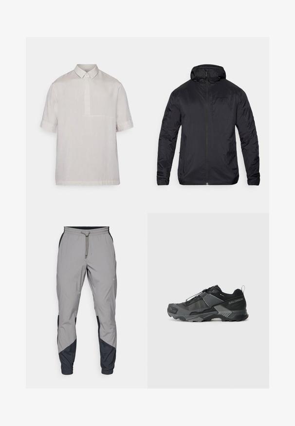 Črna lahka jakna z zadrgo na sprednji strani, kapuco in gladko teksturo; ima minimalno blagovno znamko na prsih in elastiko na zapestjih.; Kratka majica s ovratnikom iz lahkega bež lanu. Ima pol gumbov in subtelno teksturo. Čist, minimalističen dizajn.; Lahki, sivi atletski hlače z črnimi dodatki. Elastika v pasu, zategovalna vrvica, oblikovana noga in stranske žepe.; Črne trail tekaške čevlje z vzdržljivim mrežastim zgornjim delom, ojačano zaščito prstov, teksturiranim gumijastim podplatom in elastičnim sistemom vezalk za varen oprijem.