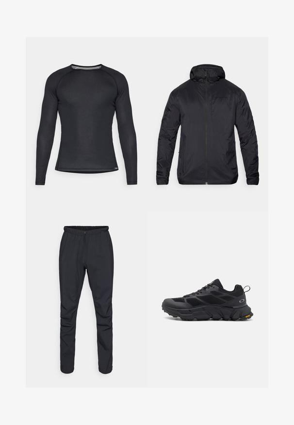 Black lightweight jacket with a zip front, hood, and smooth texture; features minimal branding on the chest and elastic cuffs.; Black long-sleeve athletic shirt made of textured material with a crew neckline and mesh accents at the collar, fitted design for ease of movement.; Black lightweight trousers with an elastic waistband, drawstring closure, and tapered legs. Made from water-resistant material with a smooth texture.; Black athletic shoes with a chunky sole, mesh and synthetic upper, textured accents, and Vibram branding on the outsole.