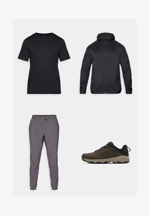 Sort letvægtsjakke med lynlås foran, hætte og glat tekstur; har minimal branding på brystet og elastiske manchetter.; Sort T-shirt lavet af glat stof, med rund halsudskæring og korte ærmer. Diskret branding trykt i sort på brystet.; Grå, lette bukser med elastisk talje og justerbar snøre; tapered ben; glat tekstur; inkluderer logo detaljer på siden.; Brune vandtætte sneakers med en tekstureret overflade, perforerede akcenter, sort hælunderstøttelse og en grå gummisål. Snørebåndene er udsmykket med metalender.