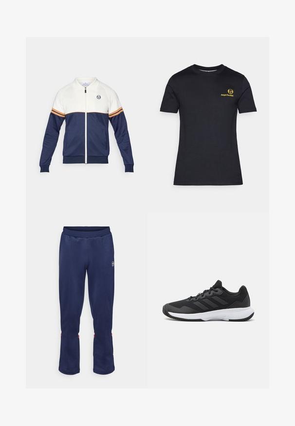 Granatowa i biała kurtka zapinana na zamek z kołnierzykiem polo. Posiada paski w kolorze pomarańczowym i granatowym, teksturowany materiał oraz logo na piersi.; Czarny t-shirt krótkiego rękawa wykonany z bawełny. Posiada żółte logo nadrukowane na lewej piersi. Klasyczny okrągły dekolt, gładka faktura.; Sergio Tacchini ORION granatowy; Czarne buty sportowe z teksturowaną cholewką, trzema poziomymi paskami i białą podeszwą z wzorzystym bieżnikiem. Lekka i aerodynamiczna konstrukcja.