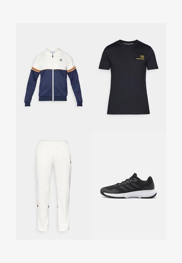 Tamsiai mėlynas ir baltas užtrauktukas su polo apykakle. Yra oranžinės ir tamsiai mėlynos juostos akcentai, tekstūruotas audinys ir logotipas ant krūtinės.; Juodas trumpomis rankovėmis medvilninis marškinėlis. Ant kairės krūtinės atspausdintas geltonas logotipas. Klasikinė apvali iškirptė, sklandi tekstūra.; Balti sportiniai džinsai pagaminti iš minkštos medžiagos, su šoninėmis kišenėmis ir spalvotomis juostelėmis ties kulkšnimi, turinčiomis oranžinius ir mėlynus akcentus.; Juodas sportinis batelis su tekstūruota viršutine dalimi, trimis horizontaliomis juostelėmis ir baltu padu su raštuotu protektoriumi. Lengvas ir aerodinamiškas dizainas.