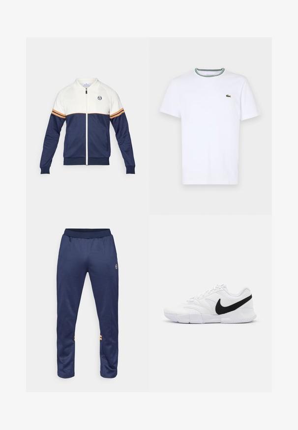 Navy and white zip-up jacket with a polo collar. Features striped accents in orange and navy, textured fabric, and a logo on the chest.; White cotton short-sleeve T-shirt with a ribbed collar featuring green and black stripes; small green embroidered logo on left chest.; Navy blue athletic pants with an elastic waistband, two side stripes in orange on the lower legs, and a logo on the upper right leg.; White athletic shoes featuring a textured upper, black Nike swoosh, padded collar, and a solid rubber outsole with patterned tread.