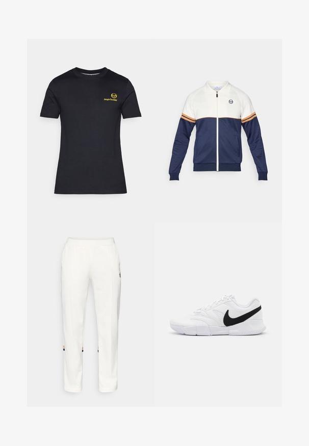 Námořnická modrá a bílá zipová bunda s polo límcem. Obsahuje pruhované akcenty v oranžové a námořnické, texturovanou látku a logo na hrudi.; Černé tričko s krátkým rukávem vyrobené z bavlny. Na levé hrudi je vytištěno žluté logo. Klasický kulatý výstřih, hladká textura.; Bílé joggingové kalhoty vyrobené z měkké látky, s bočními kapsami a barevnými pruhy na kotnících v oranžové a modré barvě.; Bílé atletické boty se strukturovaným svrškem, černým logem Nike, polstrovaným límcem a pevným gumovým podešvem s vzorovaným profilem.