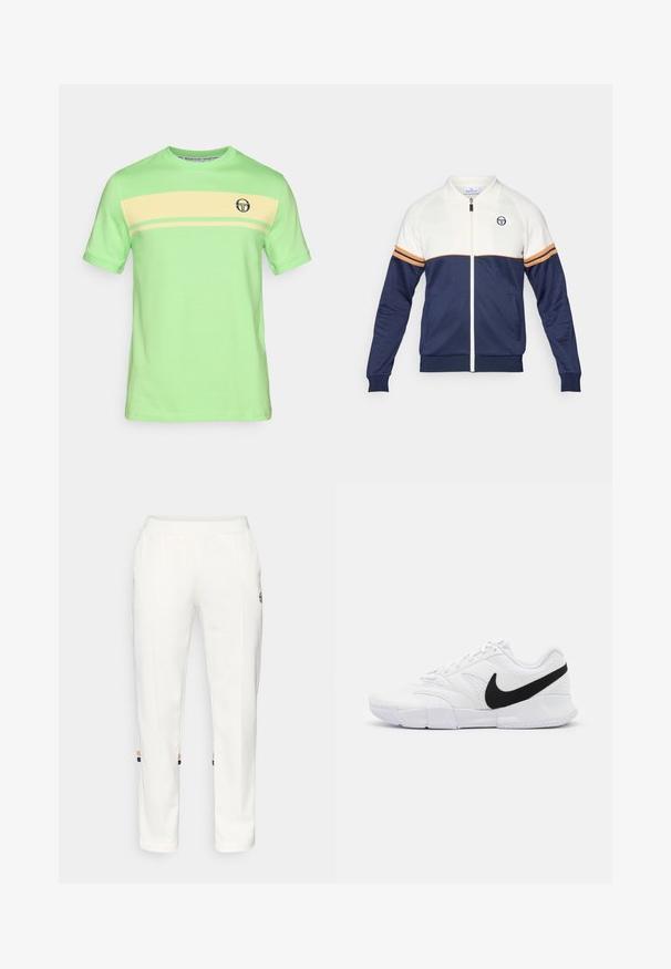 Námořnická modrá a bílá zipová bunda s polo límcem. Obsahuje pruhované akcenty v oranžové a námořnické, texturovanou látku a logo na hrudi.; Světle zelené bavlněné tričko s žlutými horizontálními pruhy a malým námořnickým logem na hrudi. Kulatý výstřih a krátké rukávy.; Bílé joggingové kalhoty vyrobené z měkké látky, s bočními kapsami a barevnými pruhy na kotnících v oranžové a modré barvě.; Bílé atletické boty se strukturovaným svrškem, černým logem Nike, polstrovaným límcem a pevným gumovým podešvem s vzorovaným profilem.
