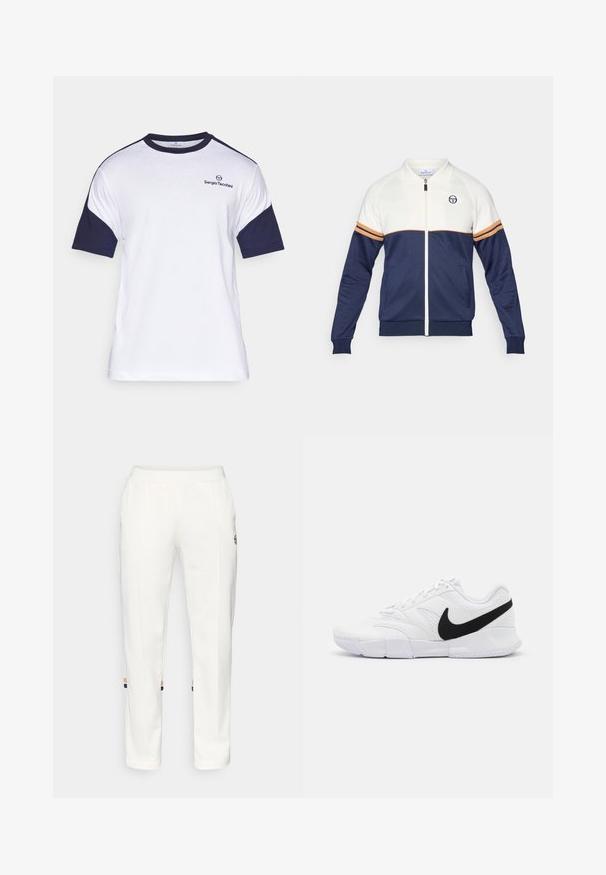 Giacca a zip blu navy e bianca con colletto a polo. Presenta dettagli a strisce arancioni e blu navy, tessuto testurizzato e un logo sul petto.; T-shirt bianco in cotone con maniche corte blu navy, caratterizzata da un collo rotondo e un piccolo logo sul petto. Tessuto morbido, design casual.; Pantaloni jogger bianchi realizzati in tessuto morbido, dotati di tasche laterali e strisce colorate alla caviglia con accenti arancioni e blu.; Scarpe da ginnastica bianche con tomaia testurizzata, logo Nike nero, collare imbottito e suola in gomma solida con battistrada a motivo.