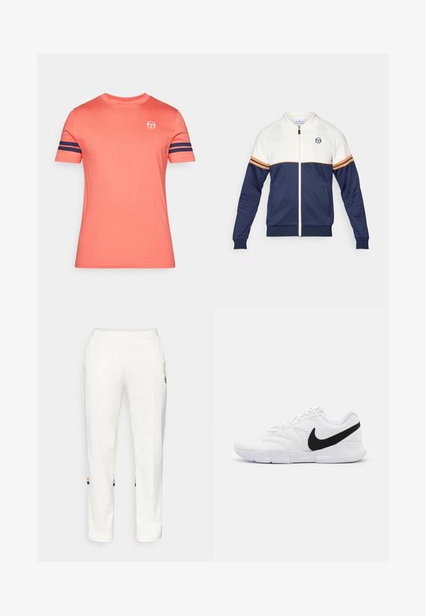 Marineblå og hvit jakke med glidelås og polo krage. Har stripete detaljer i oransje og marineblått, teksturert stoff, og en logo på brystet.; Kortermet t-skjorte med rund hals i korall, med marineblå striper på ermene og en liten logo på brystet. Myk bomullsstoff.; Hvite joggebukser laget av myk stoff, med sidelommer og fargede striper ved ankelen med oransje og blå detaljer.; Hvite joggesko med teksturert overdel, svart Nike-svaff, polstret krage og en solid gummiyttersåle med mønstrede spor.