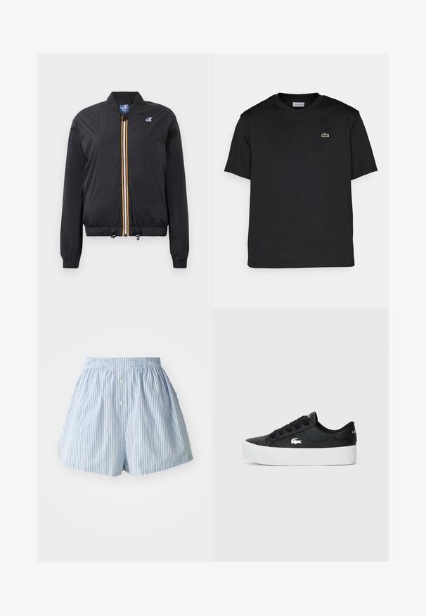Svart bomberjakke i lett materiale med glidelås foran, med en gul og hvit stripe. Elastiske mansjetter og hem, inkluderer justerbare snører.; Svart bomull T-skjorte med rund hals, korte ermer og en liten grønn brodert logo på venstre bryst. Enkelt design.; Blå- og hvitstripete shorts laget av lett stoff, med elastisk midjebånd og to frontknapper.; Sorte lavtopp sneakers laget av syntetisk materiale, med hvit gummisåle, svarte snørebånd og en liten hvit logo på siden.
