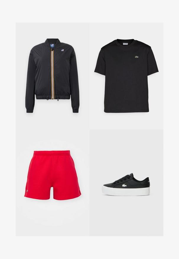 Svart bomberjakke i lett materiale med glidelås foran, med en gul og hvit stripe. Elastiske mansjetter og hem, inkluderer justerbare snører.; Svart bomull T-skjorte med rund hals, korte ermer og en liten grønn brodert logo på venstre bryst. Enkelt design.; Røde shorts laget av myk stoff, med elastisk liv og en liten logo detalj på venstre side. Klassisk snitt med en glatt tekstur.; Sorte lavtopp sneakers laget av syntetisk materiale, med hvit gummisåle, svarte snørebånd og en liten hvit logo på siden.