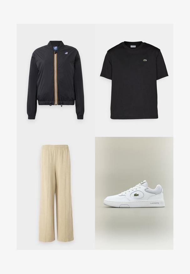 Juodas bomberio tipo džemperis iš lengvos medžiagos su užtrauktuku priekyje, kuriame yra geltona ir balta juostelė. Elastingi rankogaliai ir apačia, komplekte yra patempimo reguliatoriai.; Juodas medvilnės marškinėlis su apykakle, trumpomis rankovėmis ir maža žalia siuvinėta logotipu kairėje krūtinės pusėje. Paprastas dizainas.; Šviesiai rusvos plataus kirpimo kelnės su elastinga juosmena ir matomomis šoninėmis siūlėmis. Pagamintos iš minkštos medžiagos su lygiu paviršiumi.; Balti odiniai sportbačiai su tinkliniu akcentu, apvaliu nosiu ir plokščiomis raištelėmis. Ant kulno yra žalias krokodilo logotipas ir "LACOSTE" prekės ženklas.