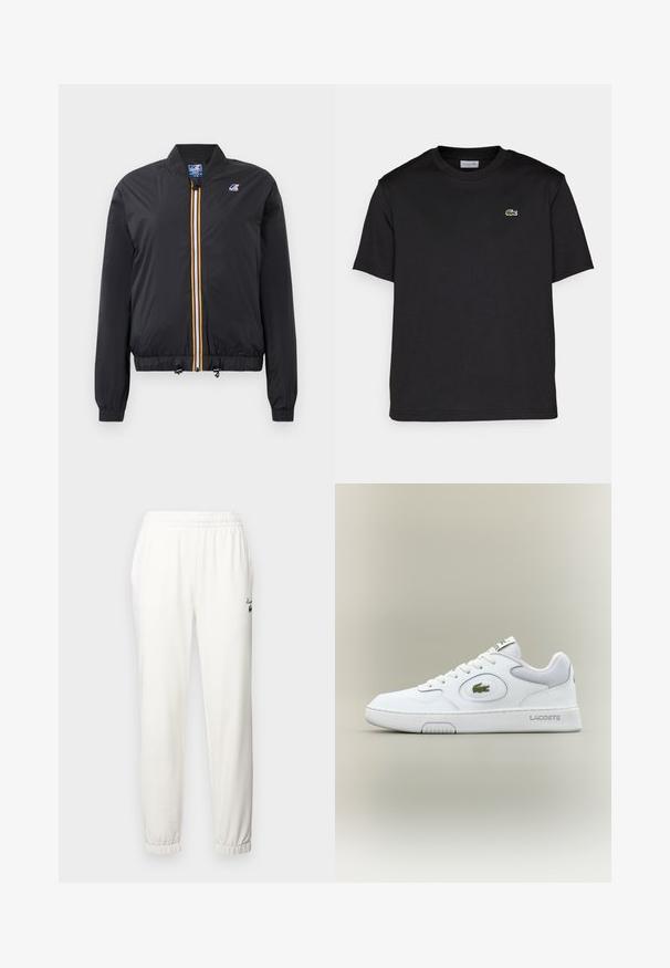 Juodas bomberio tipo džemperis iš lengvos medžiagos su užtrauktuku priekyje, kuriame yra geltona ir balta juostelė. Elastingi rankogaliai ir apačia, komplekte yra patempimo reguliatoriai.; Juodas medvilnės marškinėlis su apykakle, trumpomis rankovėmis ir maža žalia siuvinėta logotipu kairėje krūtinės pusėje. Paprastas dizainas.; Balti sportiniai džinsai su elastinga juosmens juosta, siaurėjančiais aplikais ir mažuoju žaliu logotipu kairėje šlaunies pusėje. Pagaminti iš minkštos, tekstūruotos medžiagos.; Balti odiniai sportbačiai su tinkliniu akcentu, apvaliu nosiu ir plokščiomis raištelėmis. Ant kulno yra žalias krokodilo logotipas ir "LACOSTE" prekės ženklas.
