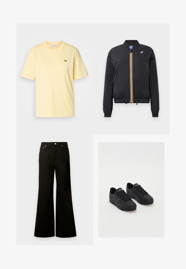 Sort bomberjakke i let materiale med lynlås foran og en gul og hvid stribe. Elastiske manchetter og kant, inkluderer justerbare toggles.; Gul bomulds T-shirt med korte ærmer og rund halsudskæring. Har et lille grønt broderet krokodillelogo på brystet.; Sorte jeans med høj talje og vide ben, foran med knap og lynlås, bæltestropper og fem lommer inklusive en lille møntlomme.; Sorte lavtop sneakers lavet af glat materiale, med tykke snørebånd, en struktureret sål og et lille logo på siden og tungen.