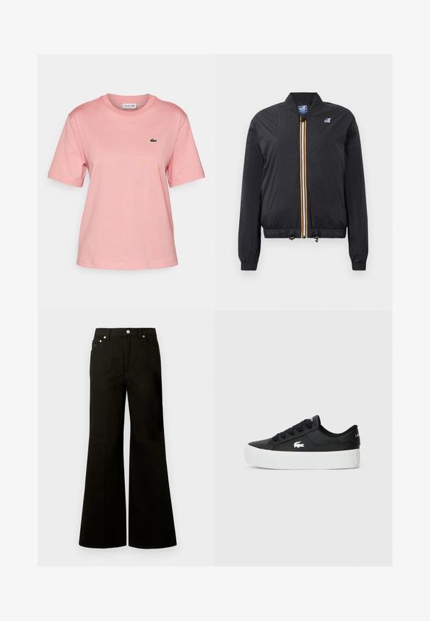 Black bomber jacket in lightweight material with a zip front featuring a yellow and white stripe. Elastic cuffs and hem, includes toggle adjusters.; Lacoste Basic T-shirt - tourmaline; Black high-waist wide-leg jeans with front button and zipper, belt loops, and five pockets including a small coin pocket.; Black low-top sneaker made of synthetic material, featuring a white rubber sole, black laces, and a small white logo on the side.