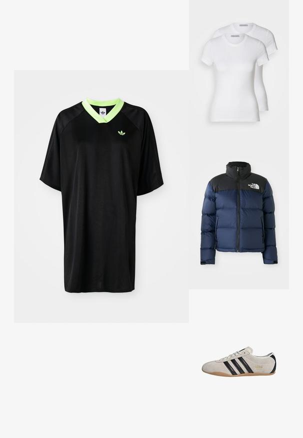 Mørkeblå puffjakke med svart hette og skuldre, med glidelås foran, sydd mønster og logo på venstre brystområde.; Svart kortermet treningsskjorte med en grønn v-hals og en brodert logo på brystet. Glatt tekstur og avslappet passform.; To hvite bomulls t-skjorter med korte ermer, rund hals og en tettsittende silhuett, som viser en jevn tekstur og minimalistisk design.; Semsket sneakers med grå overdel, sorte striper og gummisåle. Har snøring og en gull logo detalj på siden.