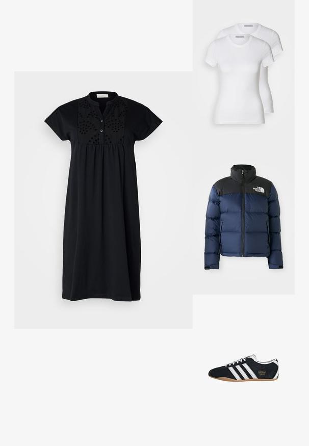 Mørkeblå puffjakke med svart hette og skuldre, med glidelås foran, sydd mønster og logo på venstre brystområde.; Sort kjole med kort erme i svart med kinesisk krage, med intrikate strukturerte broderier på ermet og en løs passform.; To hvite bomulls t-skjorter med korte ermer, rund hals og en tettsittende silhuett, som viser en jevn tekstur og minimalistisk design.; Svart semsket sneaker med hvite tre striper, gulllogo og brun gummisåle. Har en lavprofil snøring.