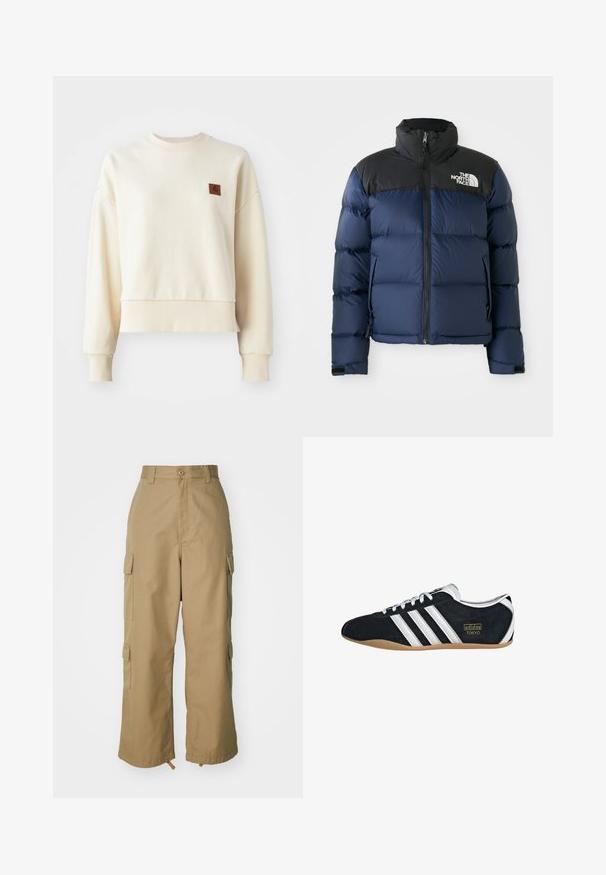 Casaco puffer azul-marinho com capuz e ombros pretos, apresentando fecho éclair frontal, padrão costurado e logótipo na área do peito esquerdo.; Sweatshirt de cor creme claro com punhos e bainha canelados. Apresenta um patch de marca marrom quadrado na área do peito esquerdo frontal. Material suave e corte descontraído.; Calças cargo bege com uma cintura alta, pernas largas e quatro grandes bolsos laterais. Feitas de um tecido resistente com uma textura suave e minimalista.; Sapatilha de camurça preta com três riscas brancas, logótipo dourado e sola de borracha castanha. Apresenta um design de atar de perfil baixo.