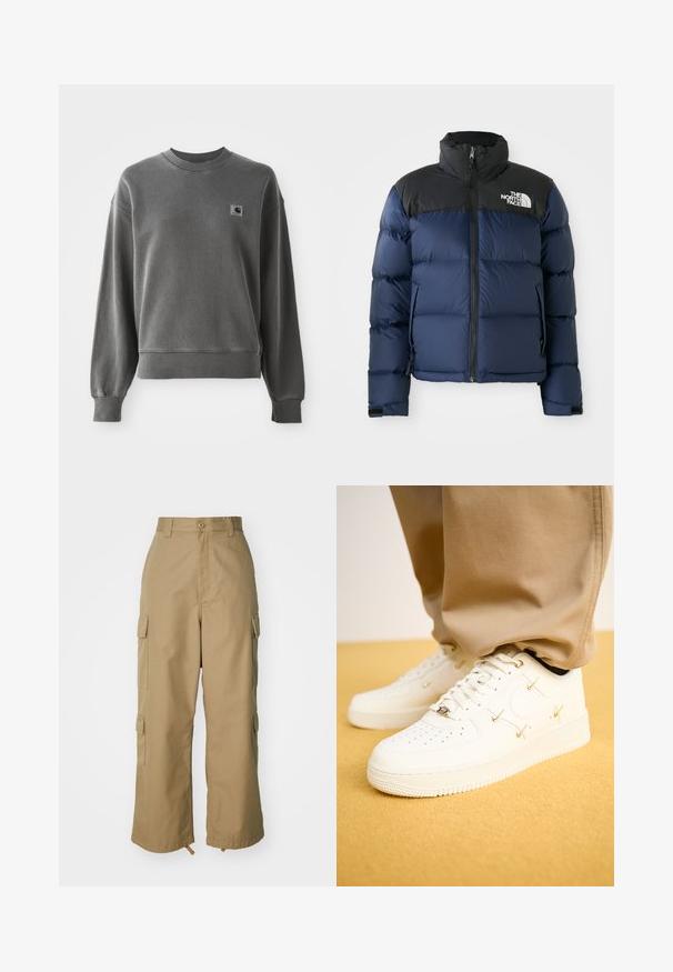 Mornarsko modra pufasta jakna z črno kapuco in rameni, ki ima sprednji zadrgo, šivano vzorčenje in znak na levi strani prsnega koša.; Siv pulover z dolgimi rokavi narejen iz gladke mešanice bombaža, z okroglim izrezom, rebrastimi rokavi in majhno logotipno nalepko na levi prsni strani.; Bežne cargo hlače z visokim pasom, širokimi nogami in štirimi velikimi stranskimi žepi. Narejene so iz trpežnega materiala z gladko teksturo in minimalnimi detajli.; Bela usnjena športna obutev s perforiranim prstom, zlatimi poudarki in ravnimi vezalkami, v kombinaciji s bež hlačami na teksturirani rumeni površini.